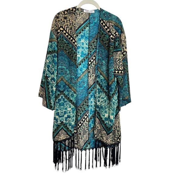 Manito Womens Open Front Kimono One Size Blue Tribal Print Fringe Boho Festival - Picture 1 of 5